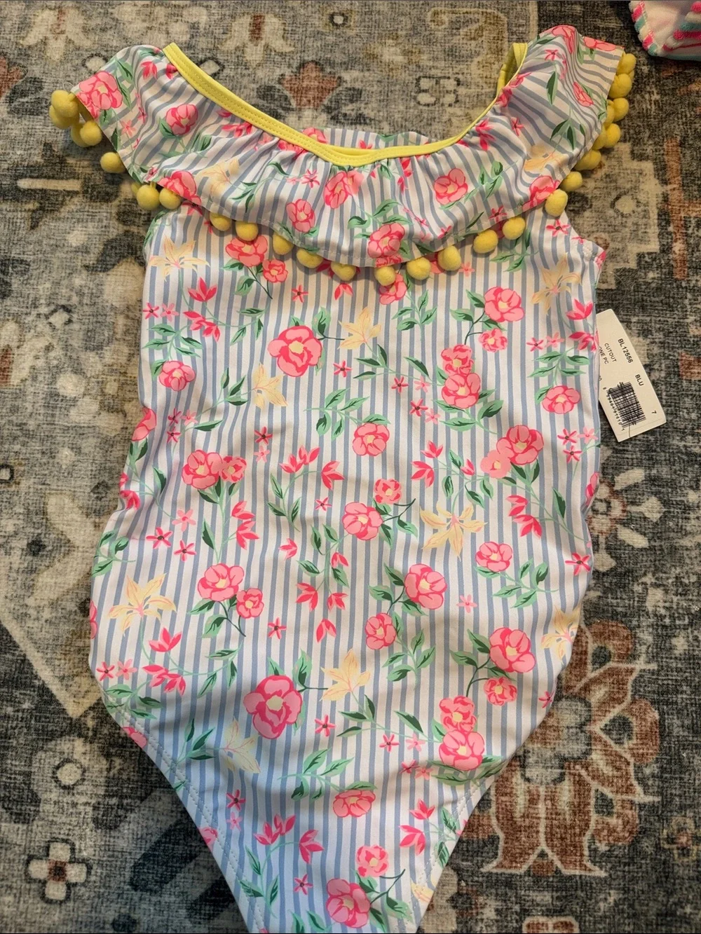 NWT Nicole Miller One Piece Floral Striped Pom Pom Swim Suit Girls Sz 7/8